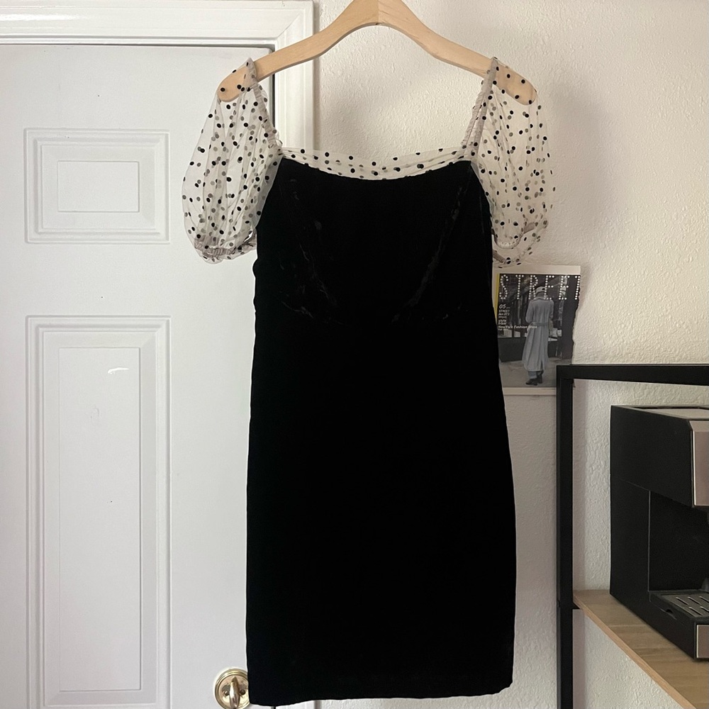 NWT CAMILA COELHO black velvet contrast sheer polka dot puff sleeve mini dress